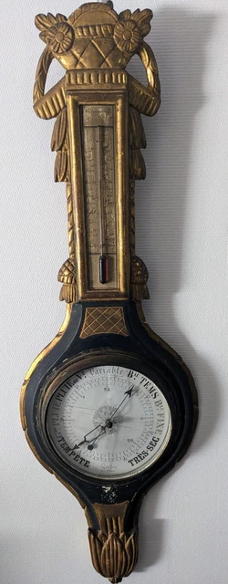BAROMÈTRE THERMOMÈTRE ANCIEN en bois sculpté foret noir décor oiseaux