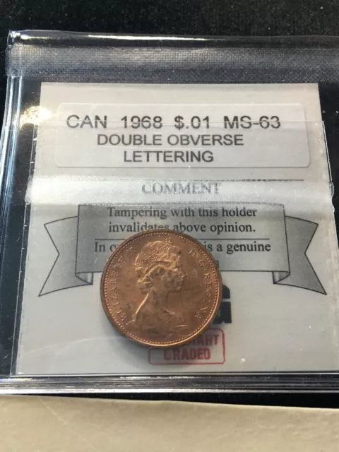 1968  Dbl Obv. Lettering**Coin Mart Graded Canadian Small One Cent, **MS-63**