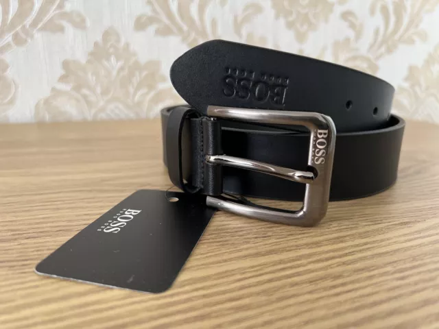 New Hugo Boss Black leather belt with metal buckle 34”