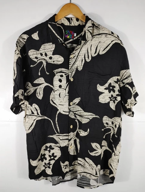Men's Jams World Hawaiian Shirt Black White Flowers Rayon Floral Size Large