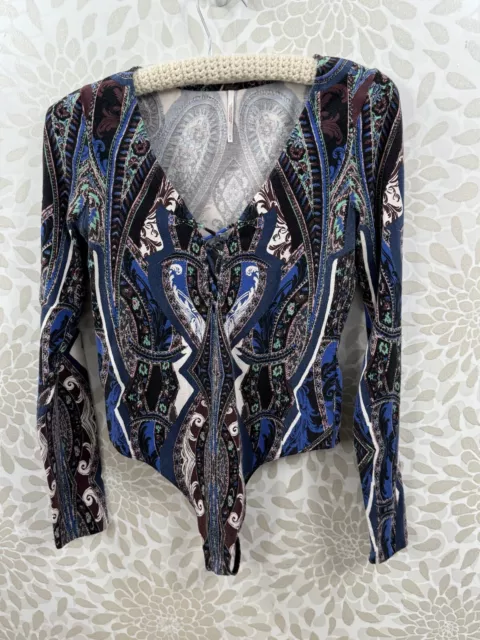 Free People FP Women’s Medium M Pick A Place Bodysuit Paisley Long Sleeve Blue