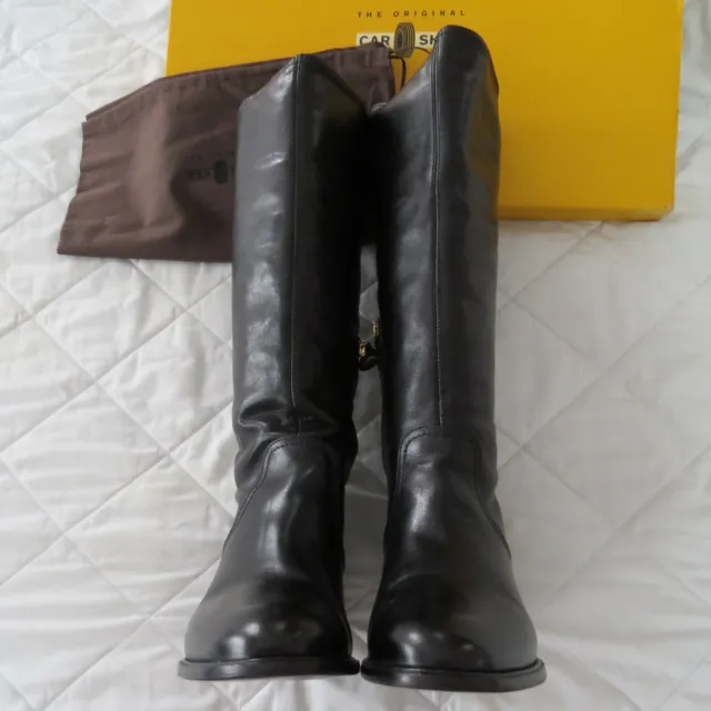 Car Shoe Studded Heel Black Leather Knee High Boots, Sz 39.5