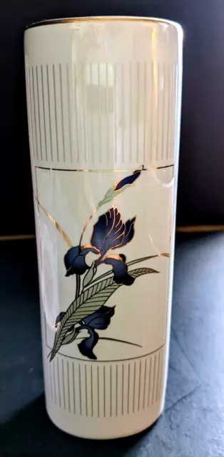 "GRAND IRIS" Otagiri Oval White Porcelain Vase: Blue Iris, Gold Trim, 6.75” Tall