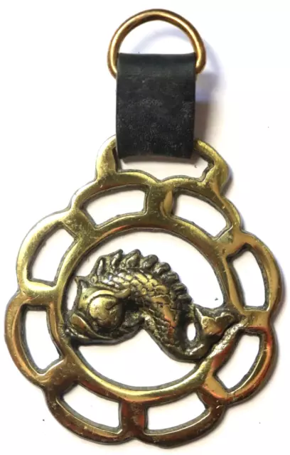 Vintage 5" Martingale Brass Leather FISH Hanging Medallion HORSE Ornament A9
