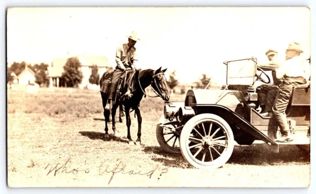 Vintage c1910 RPPC Real Photo Postcard Cowboy Horse Old Car VELOX