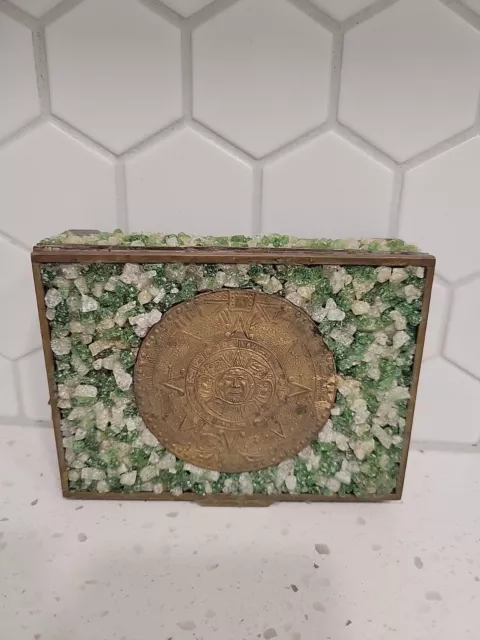 Vintage Made in Mexico Cigarette Box Brass & Aztec Calendar Green and white rock