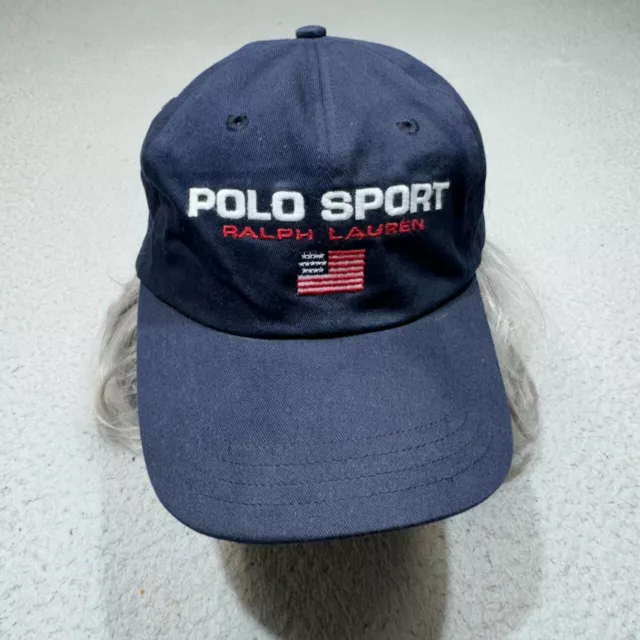 Vintage Polo Ralph Lauren Hat Cap Strap Back Blue Sport USA Flag Golf Spell Out