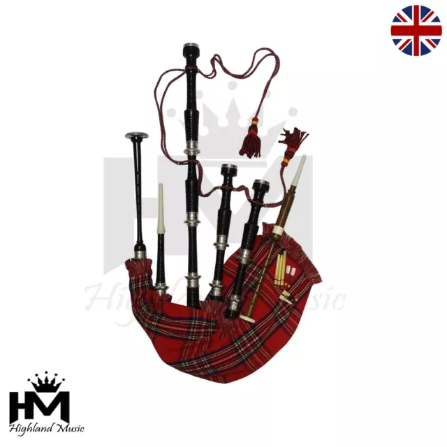 HM Scottish Highland Bagpipe Full Size Silver Mounts Black Finish &Tutor Book