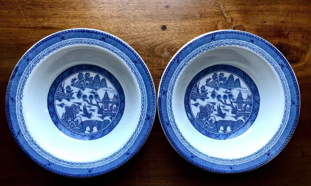 2x Antique Wood & Sons England Cereal Bowls Blue & White CANTON Pattern 6.5” EUC