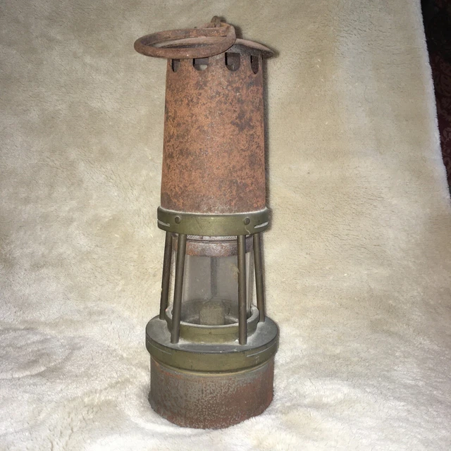 Original Miners Lamp In Brass And Steel With original Glass And Mesh.