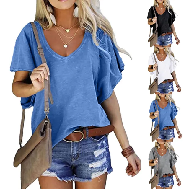 Womens Summer V Neck Short Sleeve T-Shirt Casual Loose Solid Color Blouse Tops