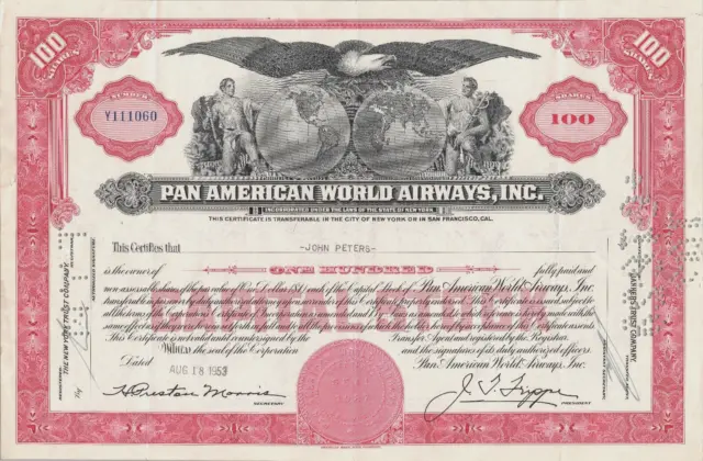 Pan American World Airways, Inc Capital Stock Certificate, August 18th, 1953