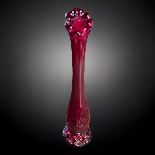 Vintage Ruby Red Fenton Swung Vase 7" Pressed Glass Design on Bottom Bud Vessel