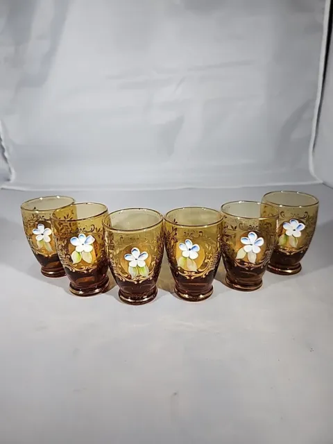 Set Of 6 Cordials  Amber Glass Handpainted  Adorned With Gold