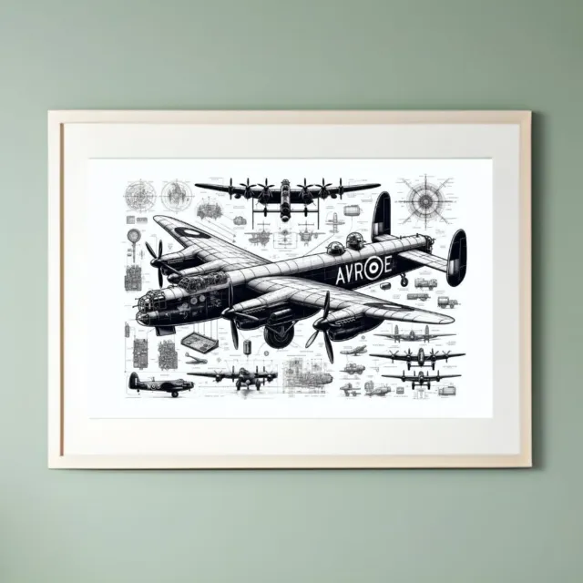 Poster Print A2 Avro Lancaster Bomber RAF WW2 Technical Sketch Digital Wall Art