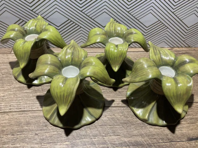 Set of 4 Department 56 Green Leaf Accent Candle Holders 3.5"