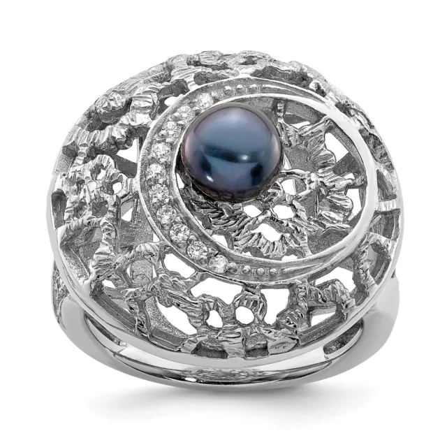 Silver  Filigree Pattern CZ Accented Black Freshwater Cultured Pearl Round Ring