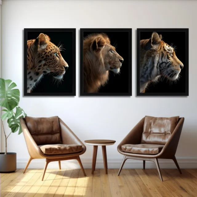 Big Cats Wall Art Leopard, Lion, Tiger Portraits Set Of 3 Prints Wildlife Art