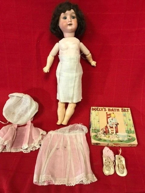 VTG. Bavarian Porcelain Head Bisque Mohair Wig Jointed Composite Limbs Doll (BL)