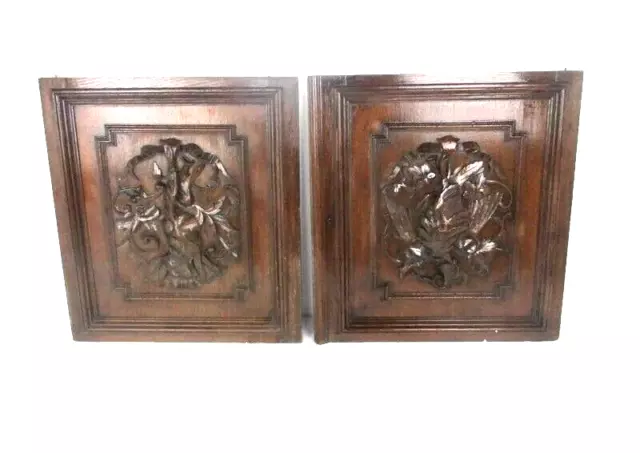 Pair Antique Hand Carved Oak Rabbits Door Panels Reclaimed Architectural WOW
