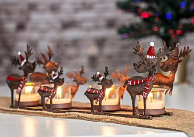 Christmas Candle Holder Decoration Tealights Metal Sleigh Reindeer Ornament Gift