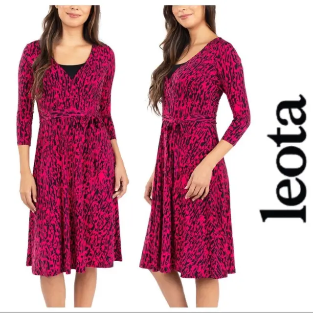 NEW! LEOTA Ladies Wrap Dress in Color Pink Vintage Vines Black: Sizes S, M, L