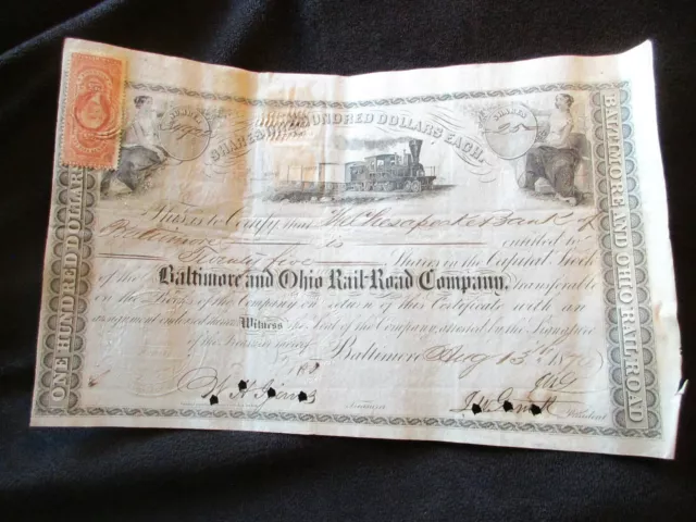 1870 Chesapeake Bank of Baltimore B&O Railroad Stock Certificate w/ 2 Stamps NR