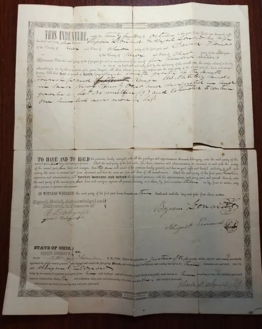 1846 Antique Land Deed B. & Abigail Leonard And David Thomas Knox Co. Ohio   HG8