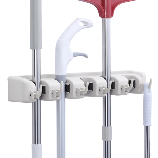 Porte-Balai Mural Adhésif Avec 5 Supports Et 6 Crochets - Organisateur Blanc Pour Cuisine Et Salle De Bain