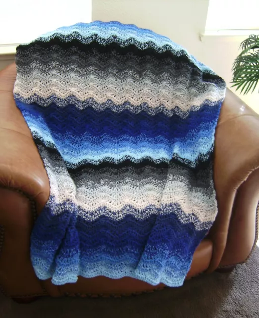 New Hand Crochet Blue And Gray Multi  Afghan Lap Blanket Lapghan Throw Handmade