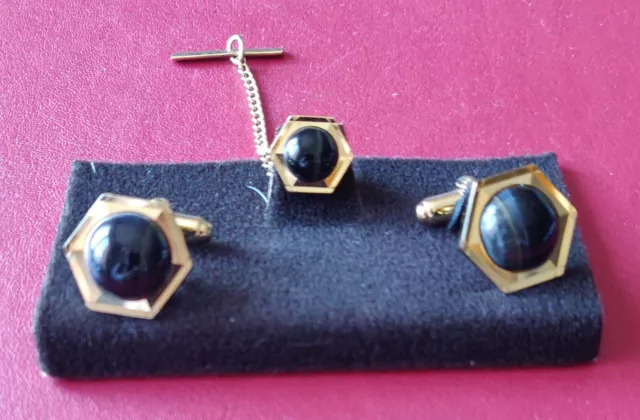Boxed Pair Vintage H Samuel Cufflinks and tie pin - Gold Tone - Black Stone