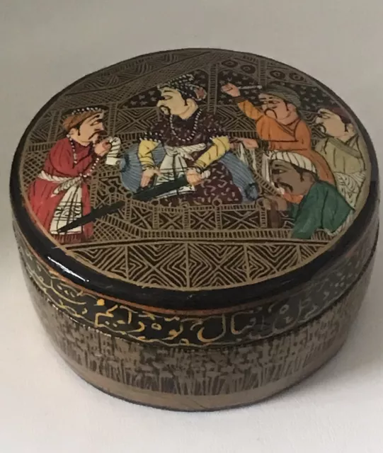 Persian Paper Mache Laqour Box Hand Painted Warriors Arabic or Farsi Script