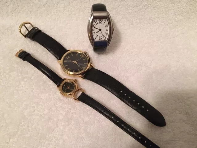 Lot Of 3 Black Band Women's Quartz Analog Watches - 2 Gold Tone / 1 Silver Tone