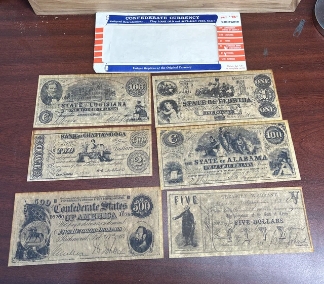 REPRODUCTION Confederate Currency Paper Money Set “B” AL LA FL US TX