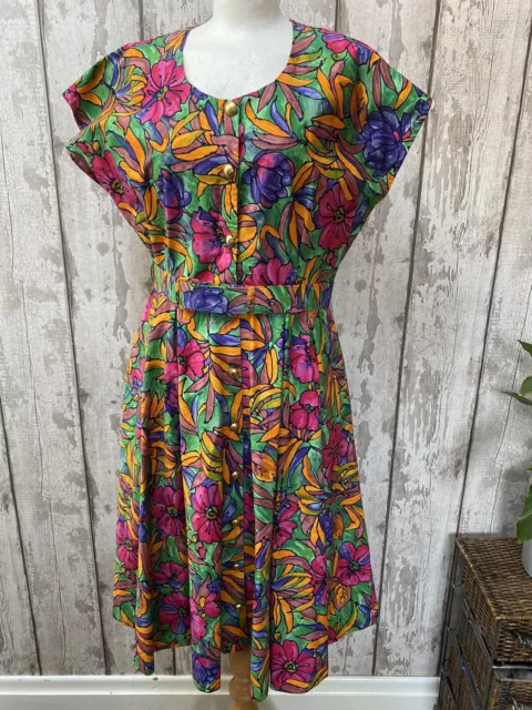 80s Carmelle Tea Dress Ladies Vintage Retro floral summer Print Size 14 16