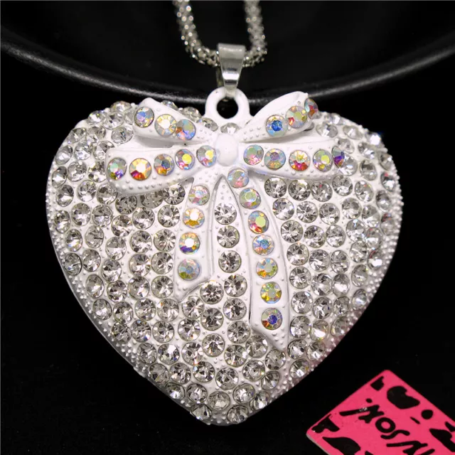 Betsey Johnson White Enamel Crystal Bow Love Heart Pendant Chain Necklace Gifts