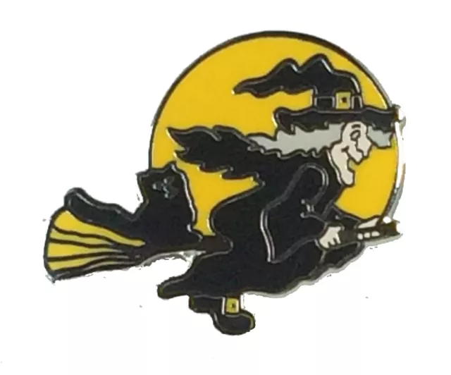 Witch & Cat on Broomstick Moonlit Silhouette Quality Enamel Lapel Pin Badge