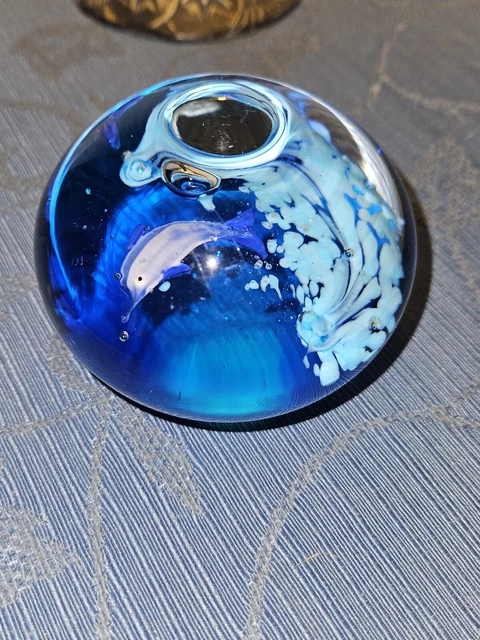 Large Hand Blown Art Glass Paperweight Dolphin Riding A Wave Nautical...