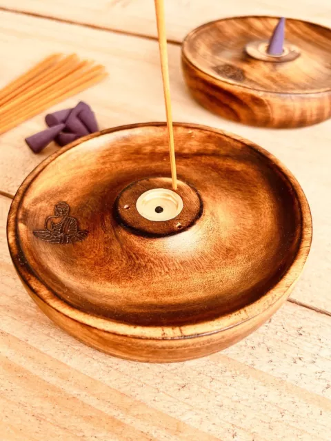 Large Round Wooden Incense Joss Stick Cone Plate Holder Ash Catcher Buddha