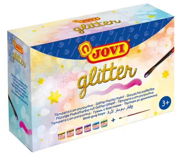 JOVI Plakatfarbe Glitter Schulmalfarben Tempera Set 6 Dosen a 55 ml und Pinsel
