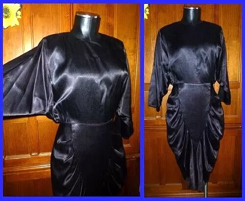 VTG 80s BLACK Glossy Satin Batwing slv Ruched Drape Skirt Cocktail Party DRESS M