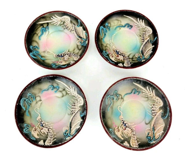 Moriage Shift Hand Painted Saucer Plate Dish with Raised Dragon Japan Set Of 4 Moriage Shift Hand Painted Saucer Plate Dish with Raised Dragon Japan Set Of 4