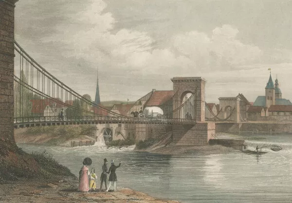 HAMELN - Gesamtansicht der Kettenbrücke - G. G. Lange - Stahlstich um 1850