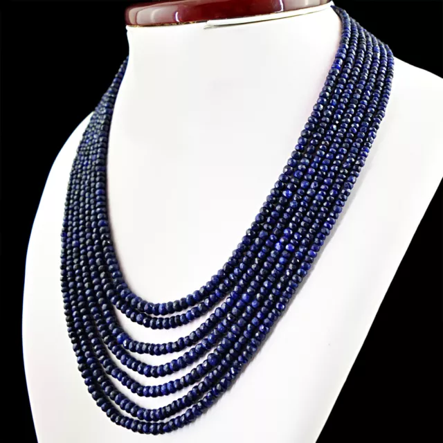 629.60 Cts Natural 7 Line Blue Sapphire Round Shape Faceted Beads Necklace (Rs)