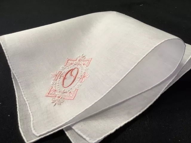11077🌟Vintage Bridal PINK Madeira Monogram “O” Wedding Handkerchief Heirloom