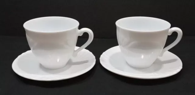 Lot 2 Set Arcopal ARP27 White Cups/ Saucers Embossed Fan Milk Glass