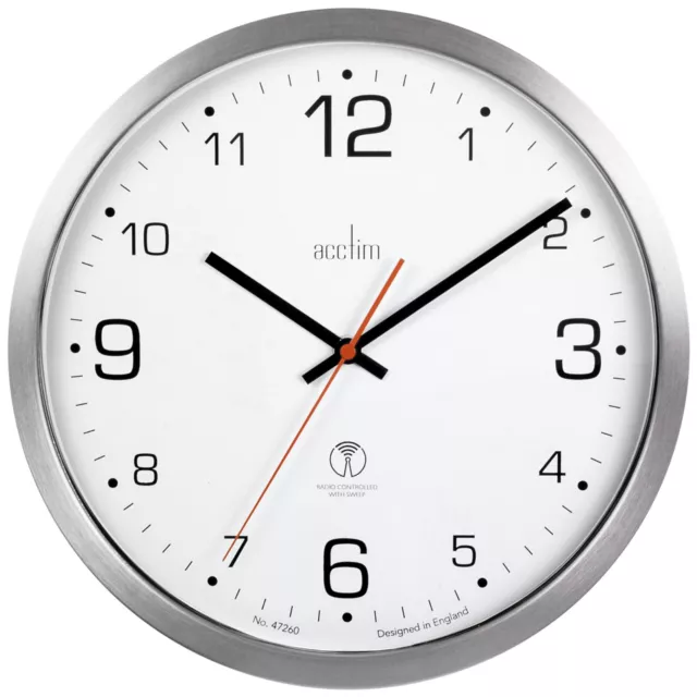 Acctim Atomik Wall Clock Non-Tick Sweep Radio Controlled Brushed Metal Case 30cm