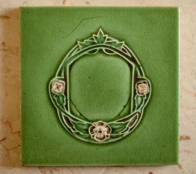 Antique Green Art Nouveau Majolica Ceramic Tile England #7857