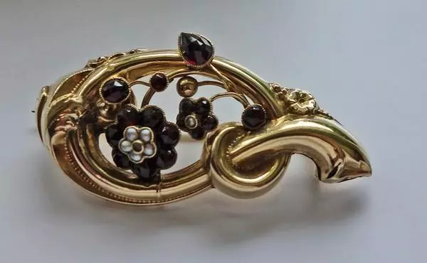 Granatbrosche Brooch Brosche Granat Perlen Biedermeier 1840 in 585 14kt Gold