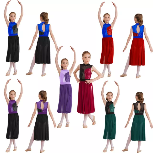 Kids Girls Costume Sequins Dress Lyrical Dancewear Skirted Competition Modern